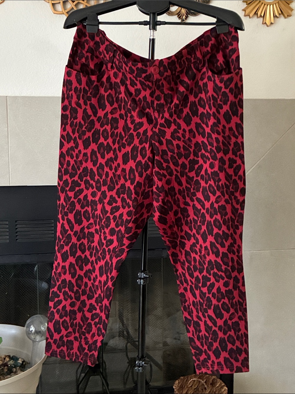 Women’s Red Leopard Print Stretch Ponte Pant with pockets